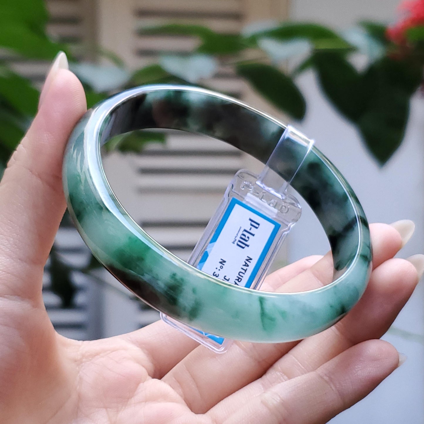 Yingmart 63mm PNJ Certified Natural Color Grey White Natural Jadeite Jade Bangle Bracelet, Real Gemstone, Gift for Her Mom Sister Grandma