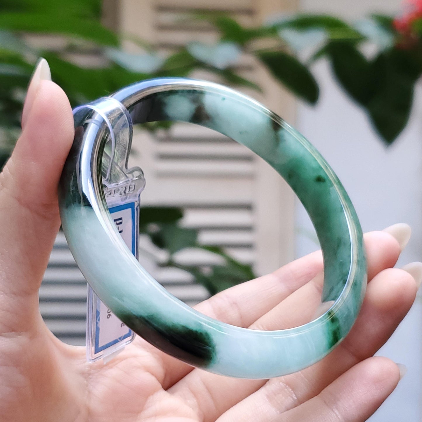 Yingmart 63mm PNJ Certified Natural Color Grey White Natural Jadeite Jade Bangle Bracelet, Real Gemstone, Gift for Her Mom Sister Grandma