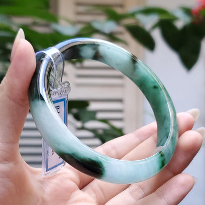 Yingmart 63mm PNJ Certified Natural Color Grey White Natural Jadeite Jade Bangle Bracelet, Real Gemstone, Gift for Her Mom Sister Grandma