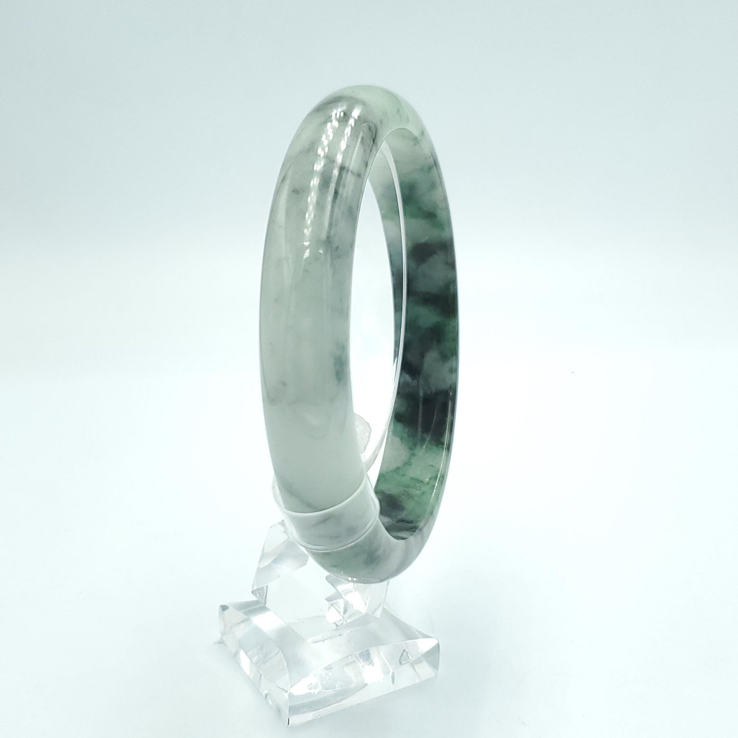 Yingmart 63mm PNJ Certified Natural Color Grey White Natural Jadeite Jade Bangle Bracelet, Real Gemstone, Gift for Her Mom Sister Grandma