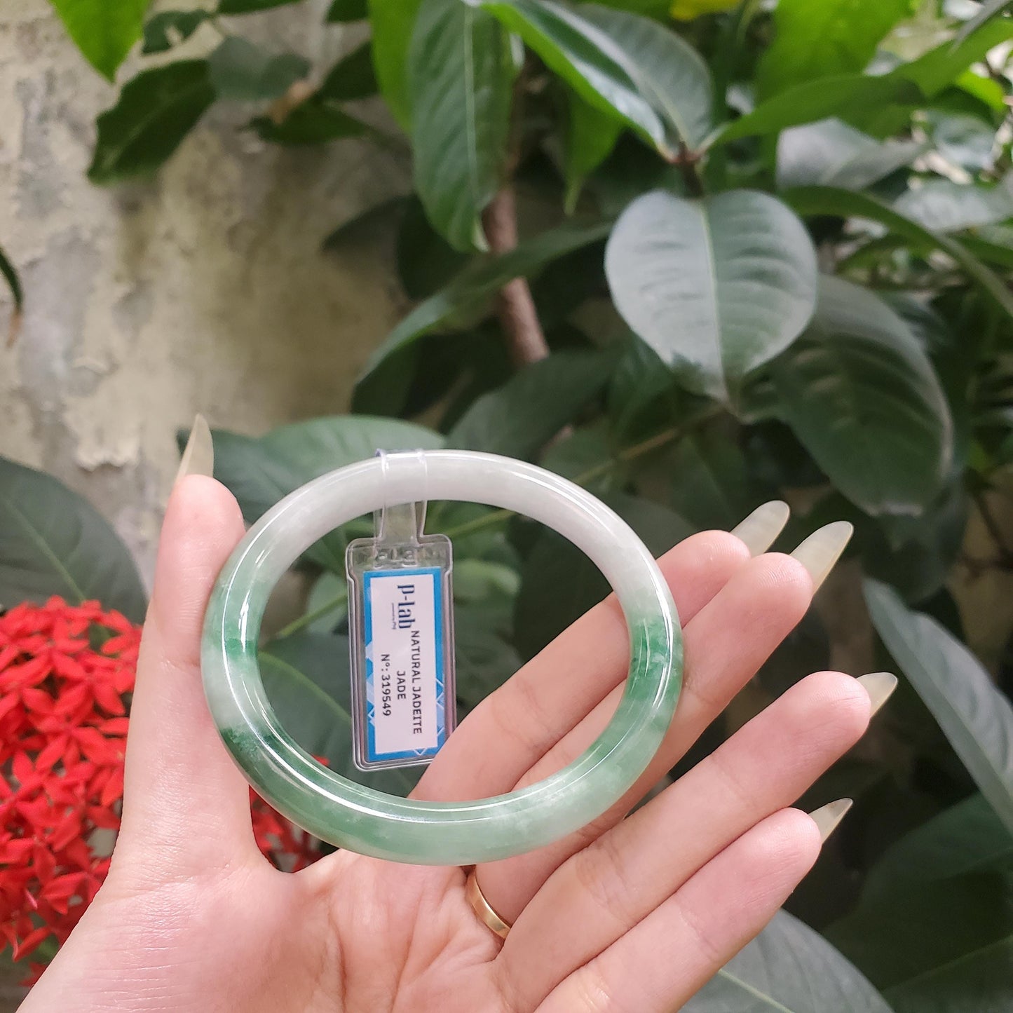 Yingmart 58mm PNJ319549 Certified Natural Color Green White To Dark Green Natural Jadeite Jade Bangle Bracelet, Real Gemstone, Gift for Mom
