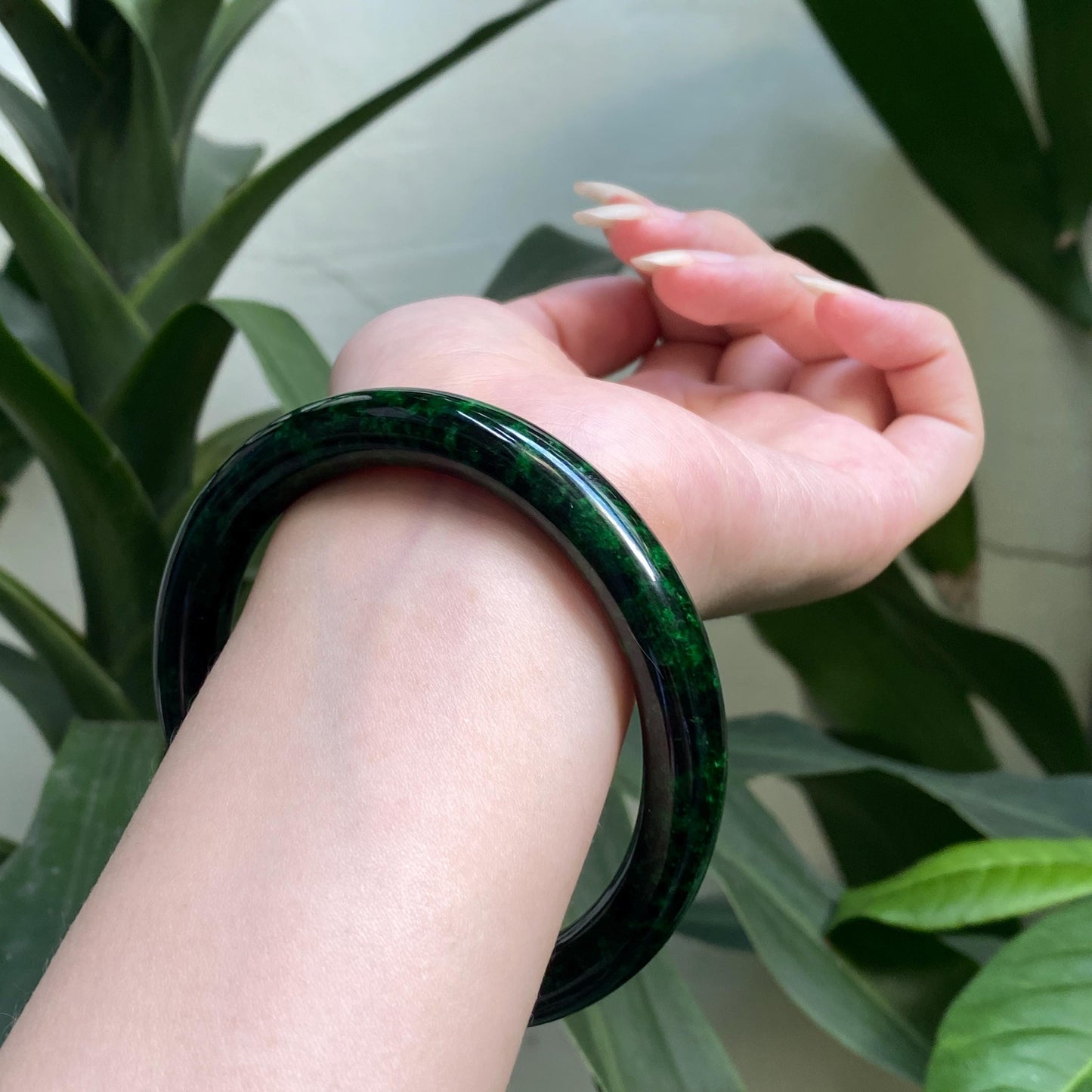 Yingmart 66 mm PNJ133420 Certified Natural Color Dark Green, Black Natural Jadeite Jade Bangle Bracelet, Real Gemstone, Gift for Her Mom