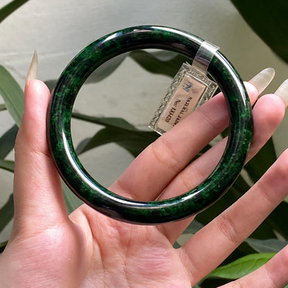 Yingmart 66 mm PNJ133420 Certified Natural Color Dark Green, Black Natural Jadeite Jade Bangle Bracelet, Real Gemstone, Gift for Her Mom
