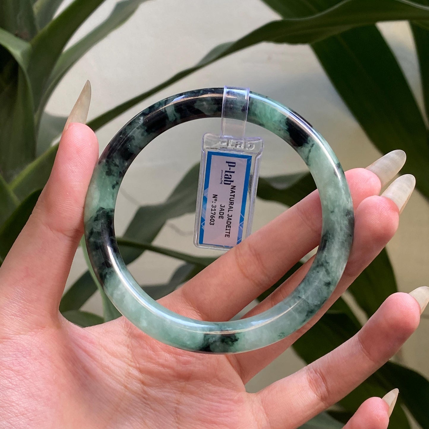 Yingmart 61mm PNJ317603 Certified Natural Color Grey White Natural Jadeite Jade Bangle Bracelet, Real Gemstone, Gift for Her Mom Grandma