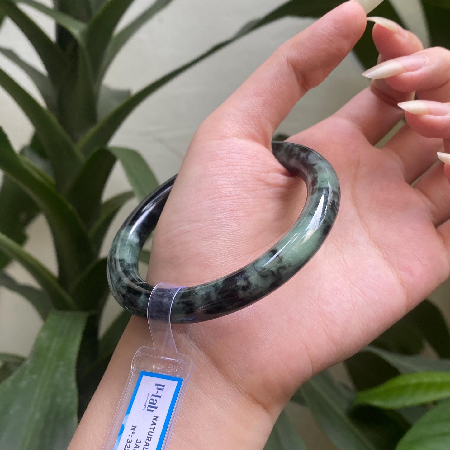 Yingmart 60mm PNJ322333 Certified Natural Color Green White To Greyish Green Natural Jadeite Jade Bangle Bracelet, Real Gemstone