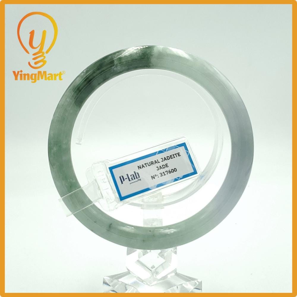 Yingmart 61mm PNJ317600 Certified Natural Color Green White To Dark Greyish Green Natural Jadeite Jade Bangle Bracelet, Real Gemstone