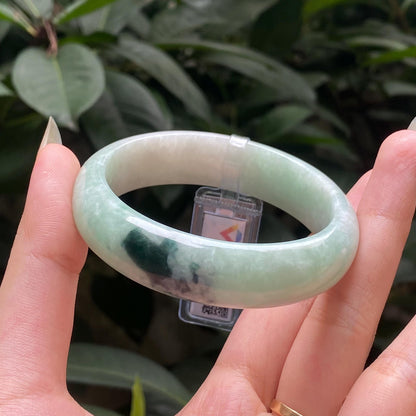 Yingmart 54mm LIULAB 458785 Certified Natural Color Dark Green Grey, Pale White  Natural Jadeite Jade Bangle Bracelet, Real Gemstone