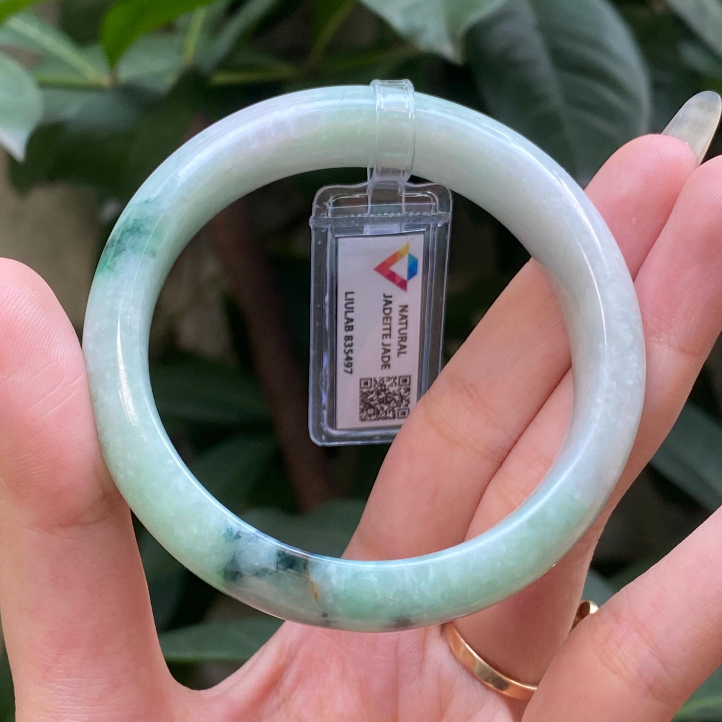 Yingmart 55mm LIULAB 835497 Certified Natural Color Green Grey, Pale White  Natural Jadeite Jade Bangle Bracelet, Real Gemstone,Gift for her