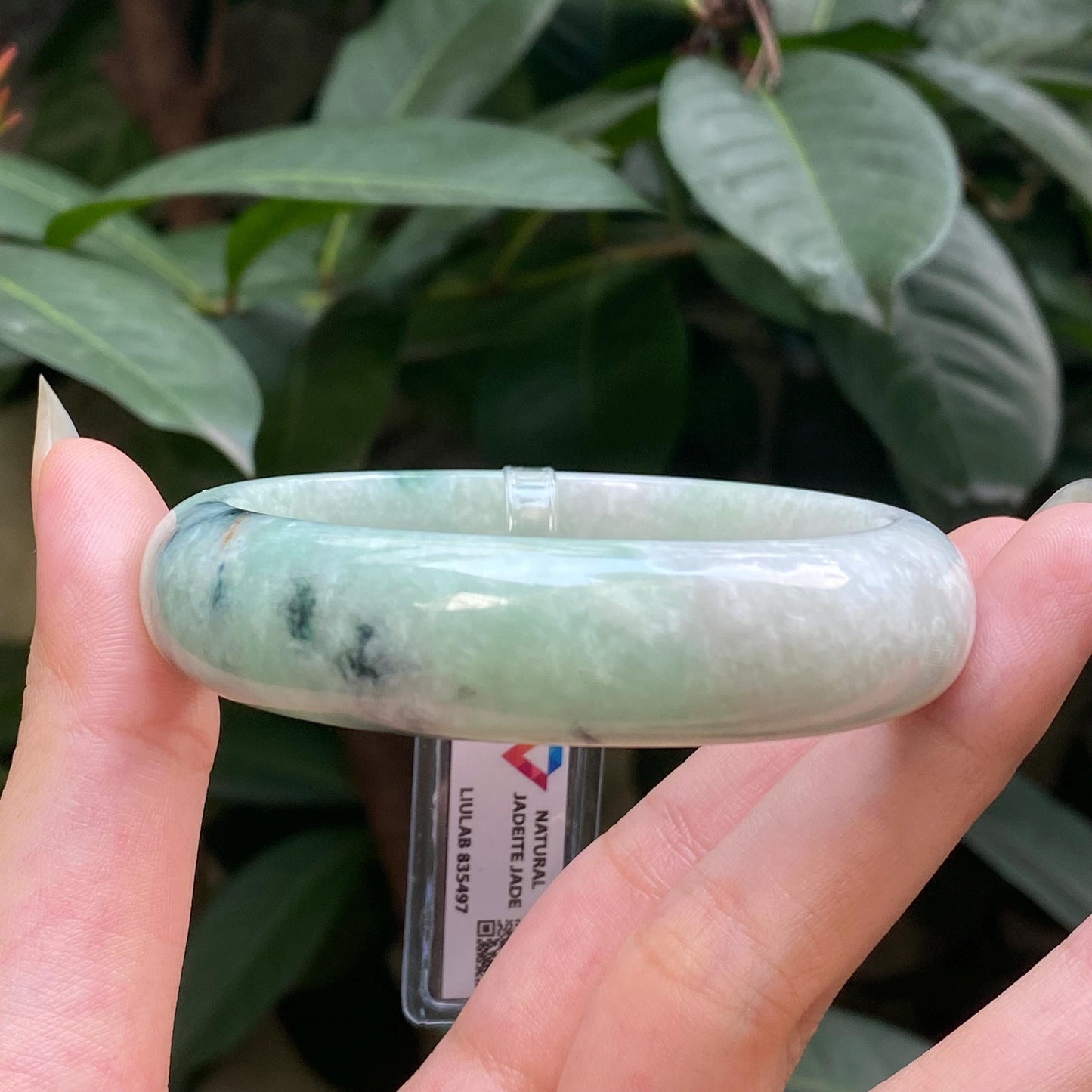 Yingmart 55mm LIULAB 835497 Certified Natural Color Green Grey, Pale White  Natural Jadeite Jade Bangle Bracelet, Real Gemstone,Gift for her
