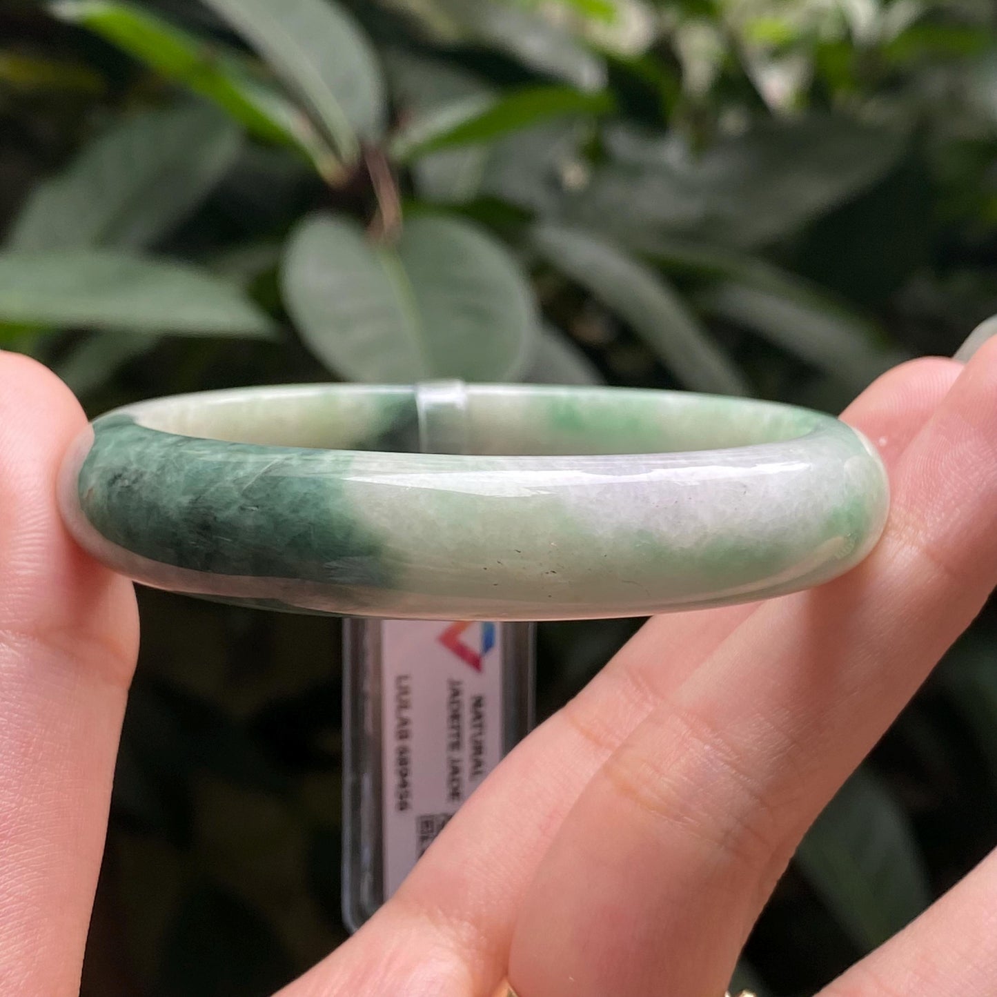 Yingmart 55mm LIULAB 689456 Certified Natural Color Green Grey, Pale White Natural Jadeite Jade Bangle Bracelet, Real Gemstone, Gift for her