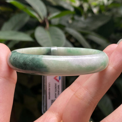 Yingmart 55mm LIULAB 689456 Certified Natural Color Green Grey, Pale White Natural Jadeite Jade Bangle Bracelet, Real Gemstone, Gift for her