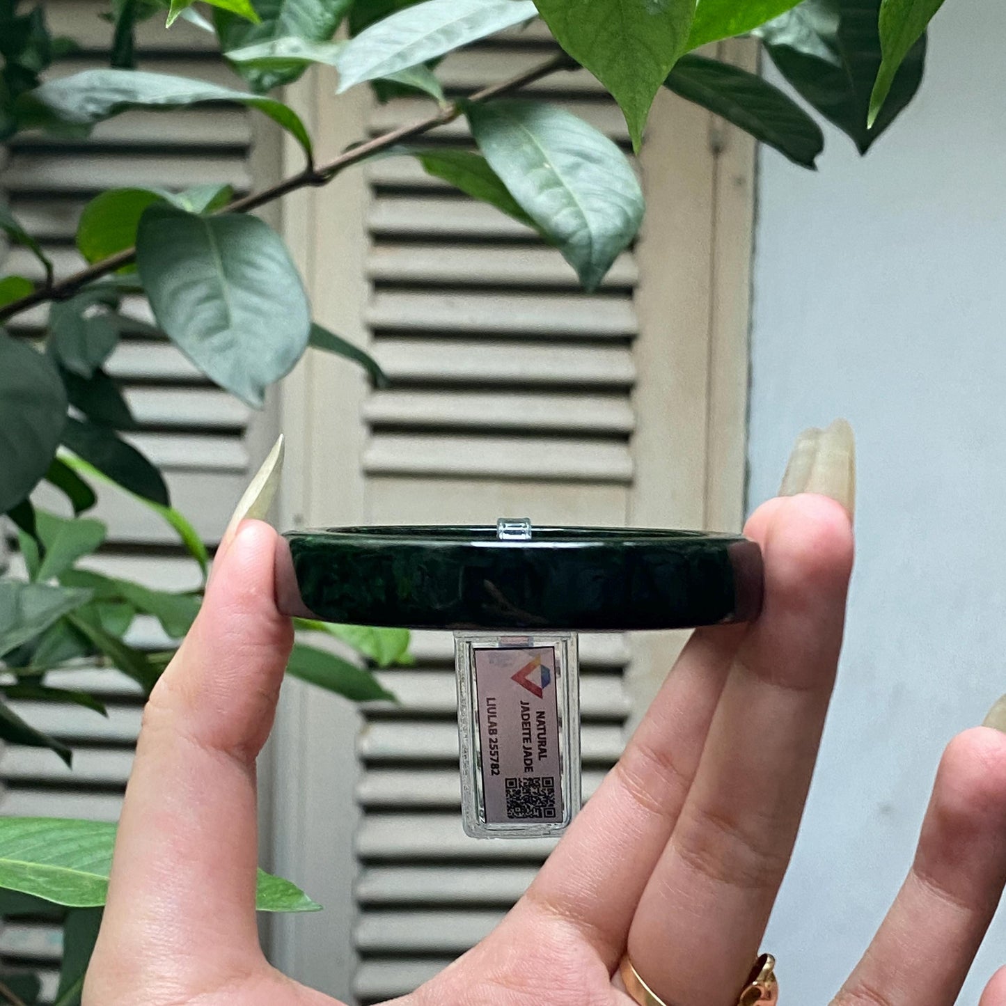 Yingmart 51mm LIULAB 255782 Certified Natural Color Dark Green, Black Natural Jadeite Jade Bangle Bracelet, Real Gemstone, Gift for her, Mom