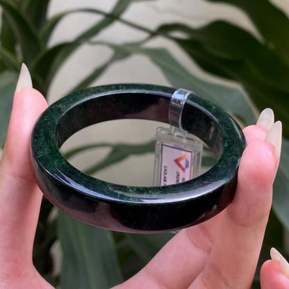Yingmart 53mm LIULAB 794252 Certified Natural Color Dark Green, Black Natural Jadeite Jade Bangle Bracelet, Real Gemstone, Gift for her, Mom