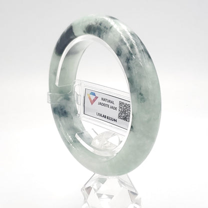 Yingmart 55mm LIULAB 823244 Certified Natural Color Grey Green Pale White Natural Jadeite Jade Bangle Bracelet, Real Gemstone, Gift for her
