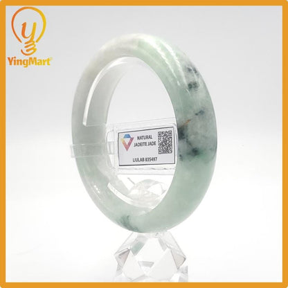 Yingmart 55mm LIULAB 835497 Certified Natural Color Green Grey, Pale White  Natural Jadeite Jade Bangle Bracelet, Real Gemstone,Gift for her
