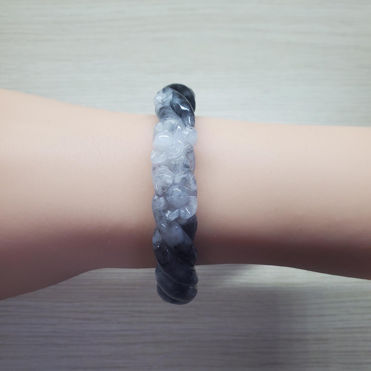 Yingmart 57mm LIULAB 635334 Certified Natural Color Black, Pale White  Natural Jadeite Jade Bangle Bracelet, Real Gemstone, Gift for her Mom