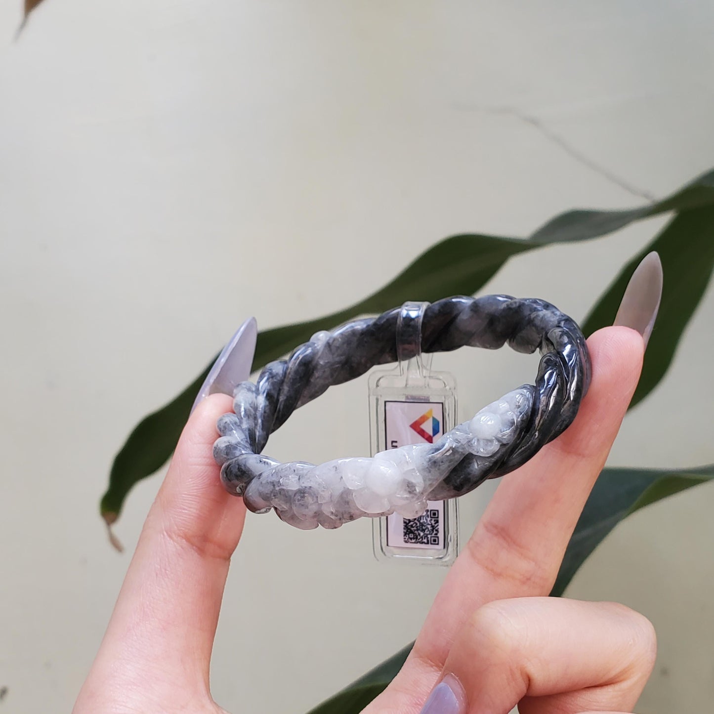 Yingmart 57mm LIULAB 635334 Certified Natural Color Black, Pale White  Natural Jadeite Jade Bangle Bracelet, Real Gemstone, Gift for her Mom