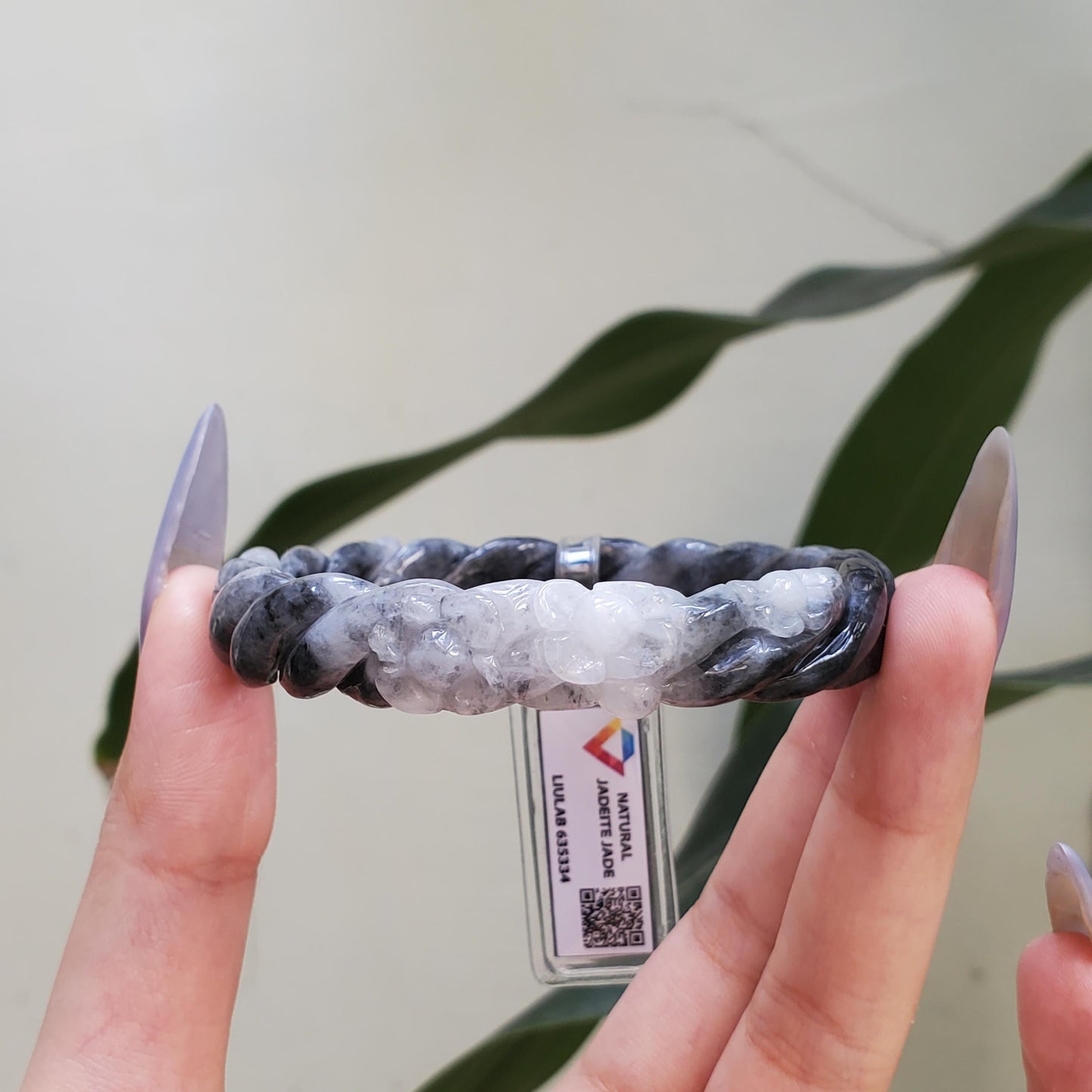 Yingmart 57mm LIULAB 635334 Certified Natural Color Black, Pale White  Natural Jadeite Jade Bangle Bracelet, Real Gemstone, Gift for her Mom