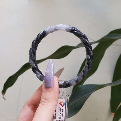Yingmart 57mm LIULAB 635334 Certified Natural Color Black, Pale White  Natural Jadeite Jade Bangle Bracelet, Real Gemstone, Gift for her Mom