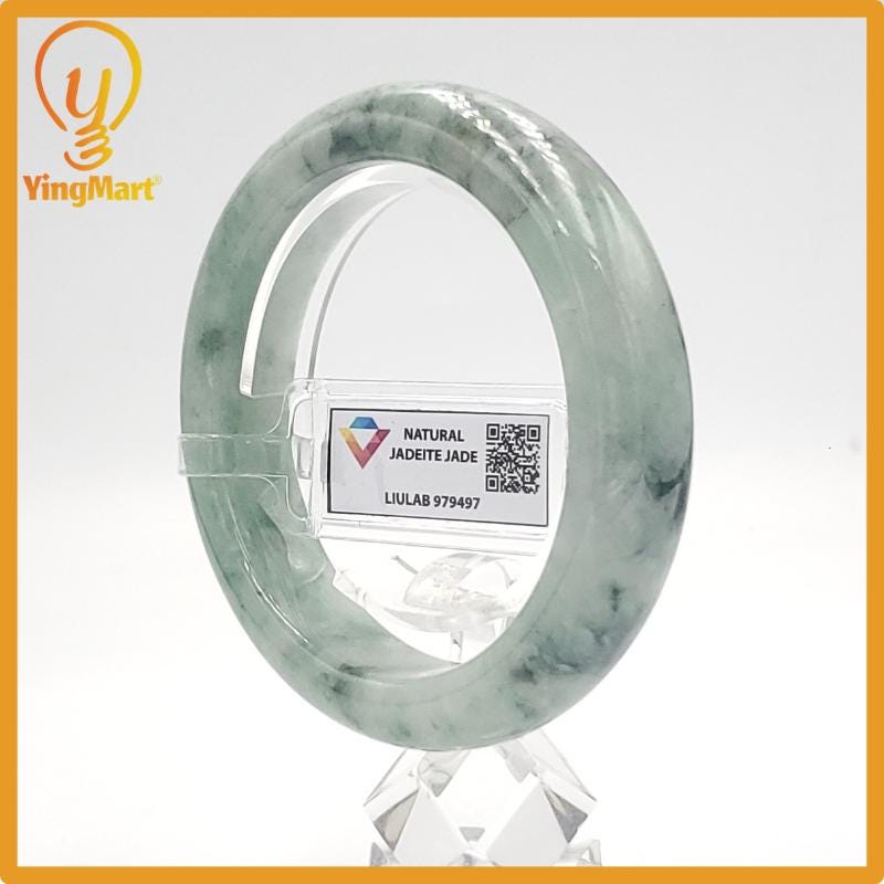 Yingmart 57mm LIULAB 979497 Certified Natural Color Pale White, Grey Green Natural Jadeite Jade Bangle Bracelet, Real Gemstone, Gift for her