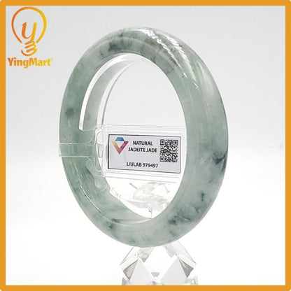 Yingmart 57mm LIULAB 979497 Certified Natural Color Pale White, Grey Green Natural Jadeite Jade Bangle Bracelet, Real Gemstone, Gift for her