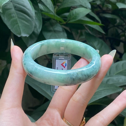 Yingmart 57mm LIULAB 979497 Certified Natural Color Pale White, Grey Green Natural Jadeite Jade Bangle Bracelet, Real Gemstone, Gift for her