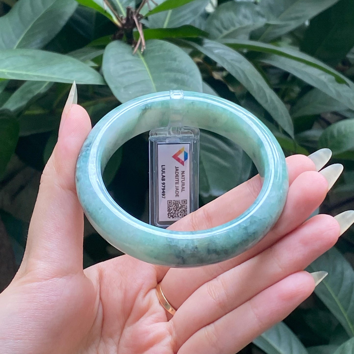 Yingmart 57mm LIULAB 979497 Certified Natural Color Pale White, Grey Green Natural Jadeite Jade Bangle Bracelet, Real Gemstone, Gift for her