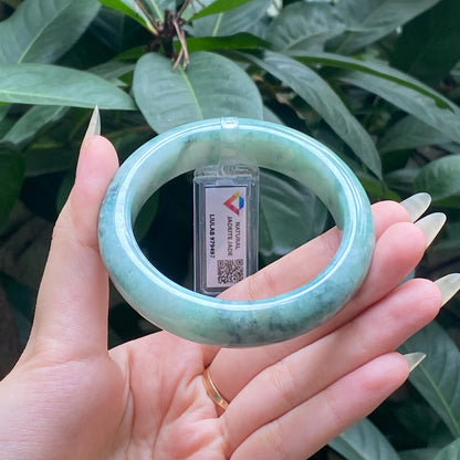 Yingmart 57mm LIULAB 979497 Certified Natural Color Pale White, Grey Green Natural Jadeite Jade Bangle Bracelet, Real Gemstone, Gift for her