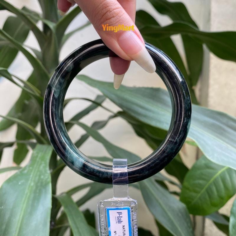 Yingmart 71mm PNJ325774 Certified Natural Color Black Grey Natural Jadeite Jade Bangle Bracelet, Real Gemstone, Gift for Her Mom Grandma
