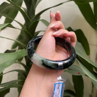 Yingmart 71mm PNJ325769 Certified Natural Color Grey Black White Natural Jadeite Jade Bangle Bracelet, Real Gemstone, Gift for Her Mom