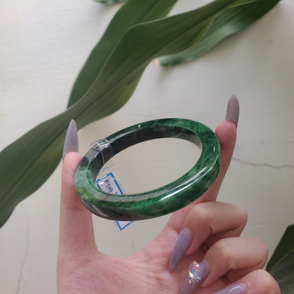 Yingmart  60mm PNJ302743 Certified Natural Color Dark Green Black Natural Jadeite Jade Bangle Bracelet, Real Gemstone, Gift for Her Mom