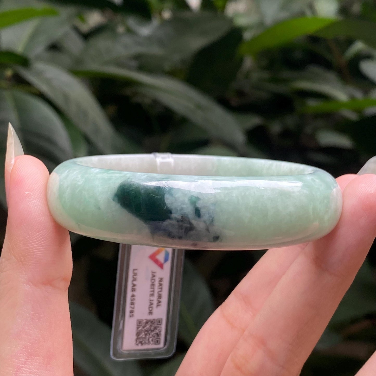 Yingmart 54mm LIULAB 458785 Certified Natural Color Dark Green Grey, Pale White  Natural Jadeite Jade Bangle Bracelet, Real Gemstone