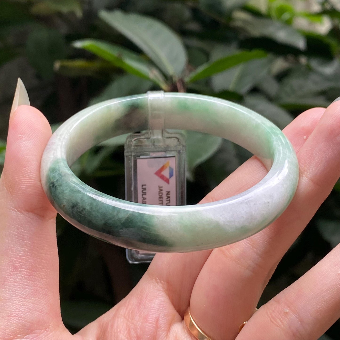 Yingmart 55mm LIULAB 689456 Certified Natural Color Green Grey, Pale White Natural Jadeite Jade Bangle Bracelet, Real Gemstone, Gift for her