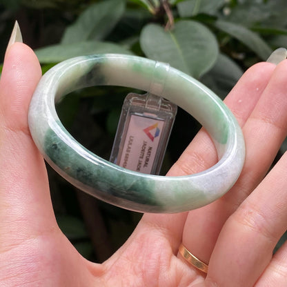 Yingmart 55mm LIULAB 689456 Certified Natural Color Green Grey, Pale White Natural Jadeite Jade Bangle Bracelet, Real Gemstone, Gift for her