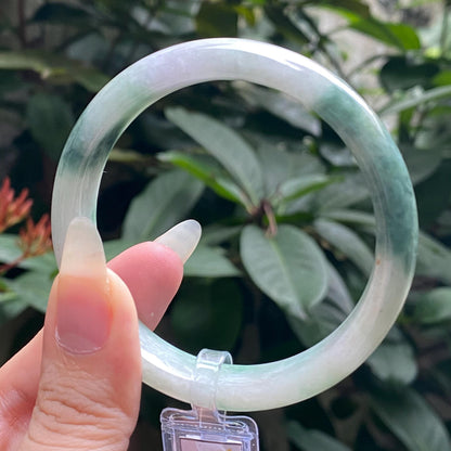 Yingmart 55mm LIULAB 689456 Certified Natural Color Green Grey, Pale White Natural Jadeite Jade Bangle Bracelet, Real Gemstone, Gift for her