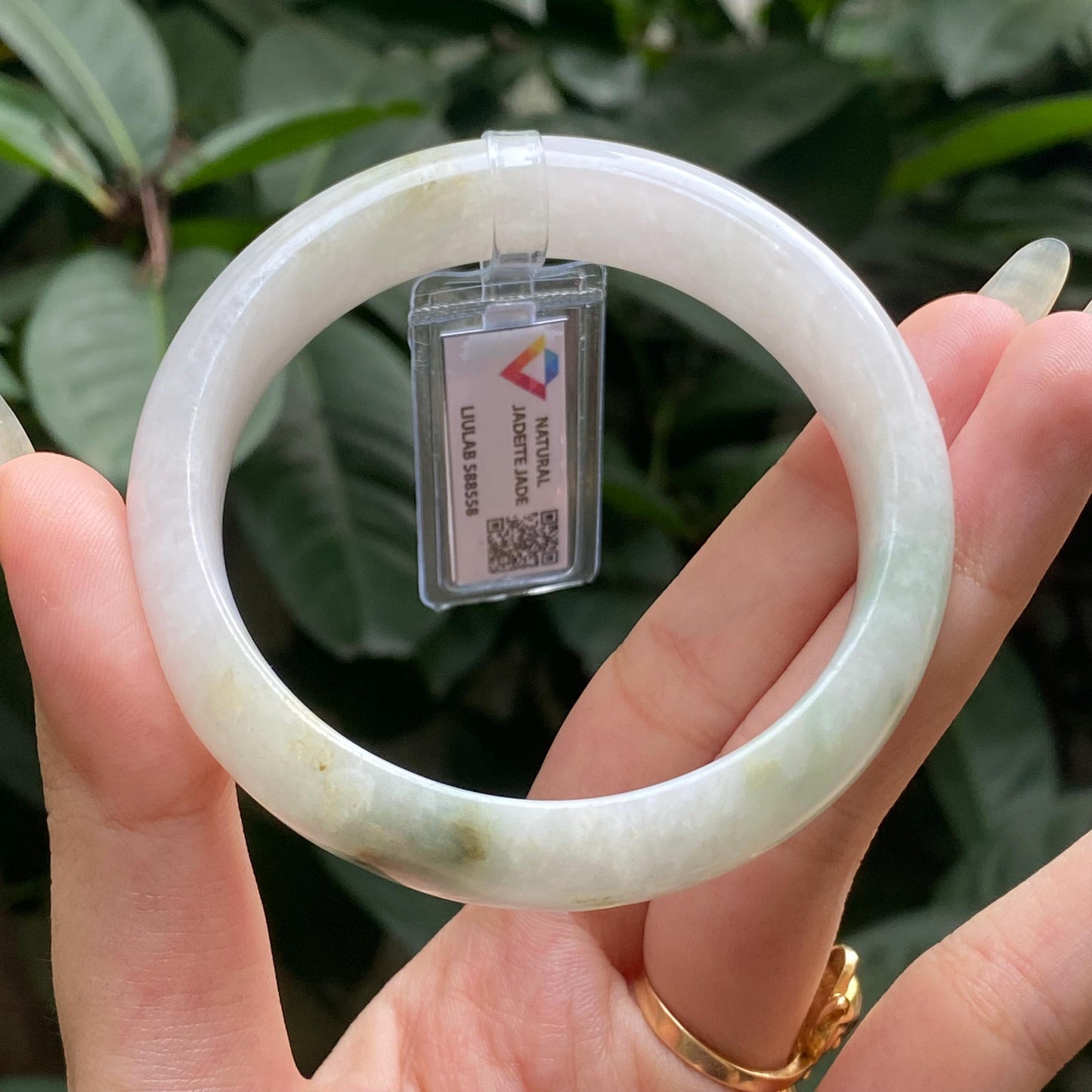 Yingmart 57mm LIULAB 588558 Certified Natural Color Pale White, Grey Green Natural Jadeite Jade Bangle Bracelet, Real Gemstone, Gift for her