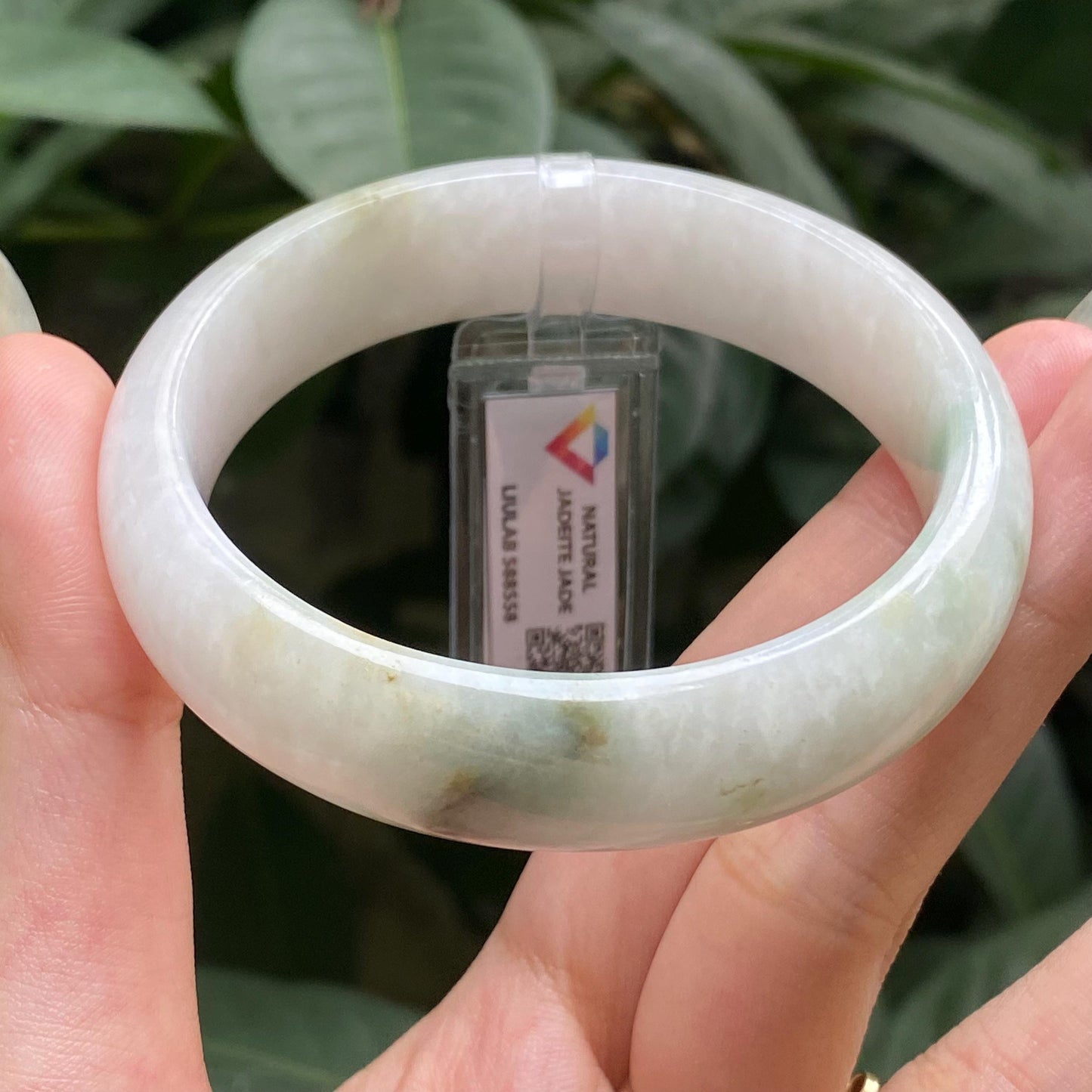 Yingmart 57mm LIULAB 588558 Certified Natural Color Pale White, Grey Green Natural Jadeite Jade Bangle Bracelet, Real Gemstone, Gift for her