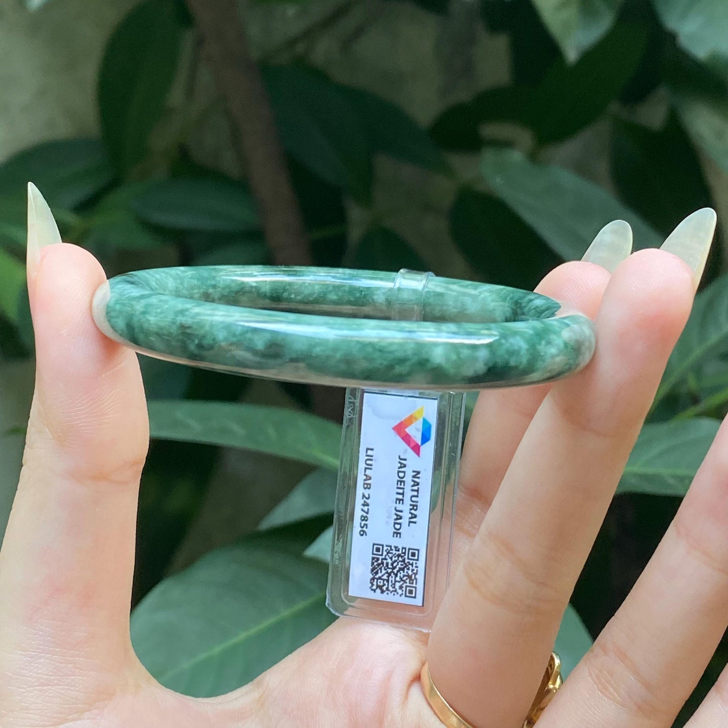Yingmart 53mm LIULAB 247856 Certified Natural Color Dark Green Grey White Natural Jadeite Jade Bangle Bracelet, Real Gemstone, Gift for her