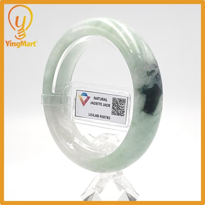 Yingmart 54mm LIULAB 458785 Certified Natural Color Dark Green Grey, Pale White  Natural Jadeite Jade Bangle Bracelet, Real Gemstone