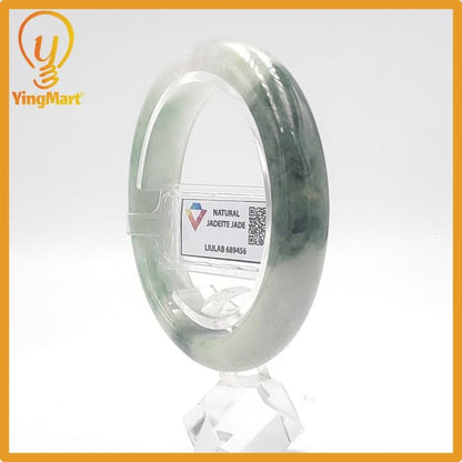 Yingmart 55mm LIULAB 689456 Certified Natural Color Green Grey, Pale White Natural Jadeite Jade Bangle Bracelet, Real Gemstone, Gift for her