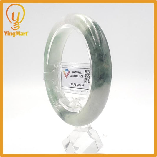 Yingmart 55mm LIULAB 689456 Certified Natural Color Green Grey, Pale White Natural Jadeite Jade Bangle Bracelet, Real Gemstone, Gift for her