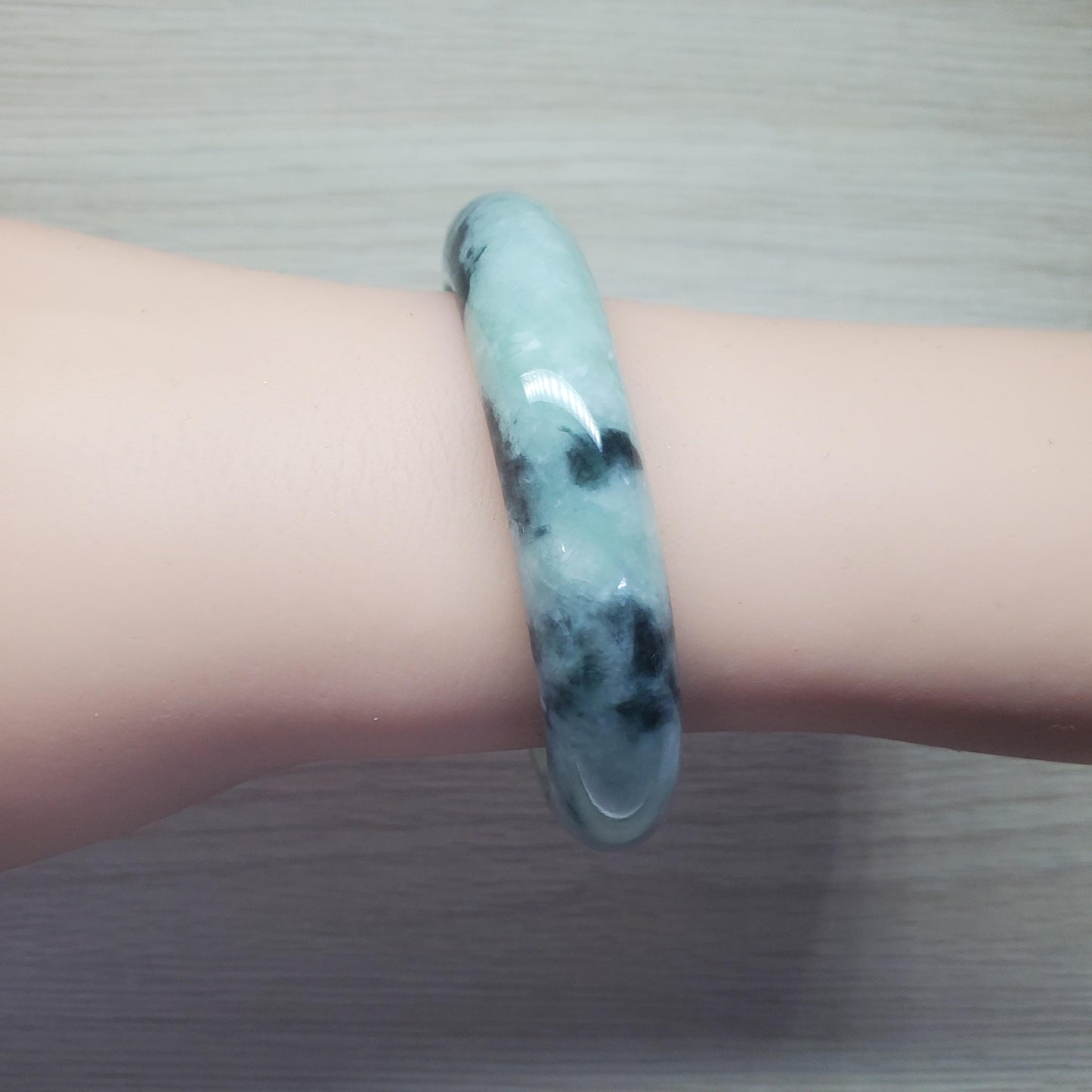Yingmart 55mm LIULAB 823244 Certified Natural Color Grey Green Pale White Natural Jadeite Jade Bangle Bracelet, Real Gemstone, Gift for her