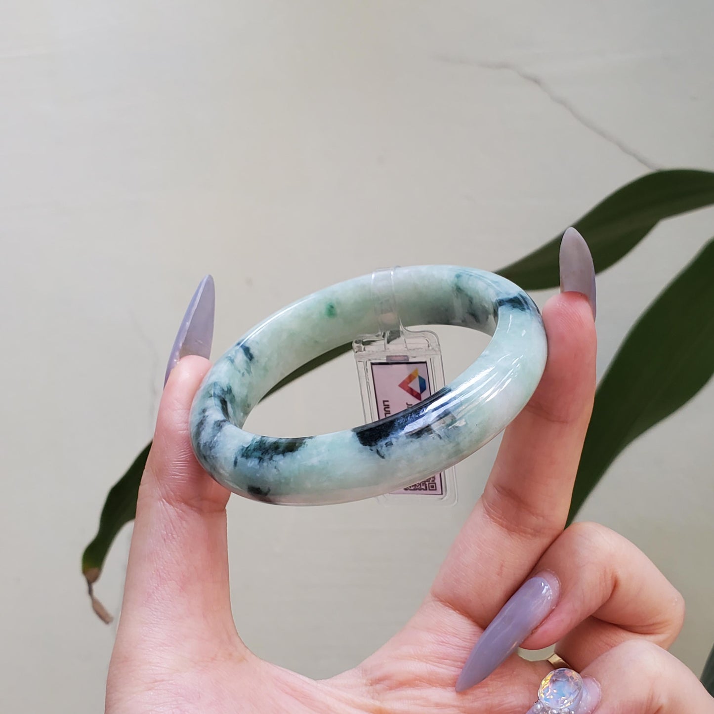 Yingmart 55mm LIULAB 823244 Certified Natural Color Grey Green Pale White Natural Jadeite Jade Bangle Bracelet, Real Gemstone, Gift for her