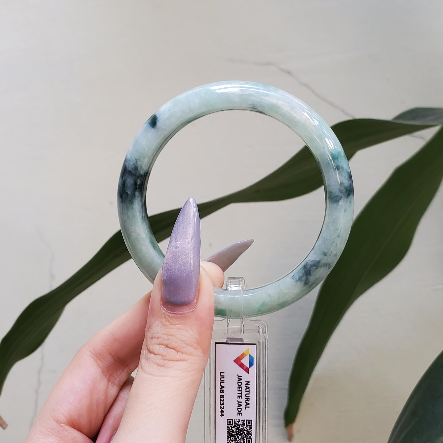 Yingmart 55mm LIULAB 823244 Certified Natural Color Grey Green Pale White Natural Jadeite Jade Bangle Bracelet, Real Gemstone, Gift for her