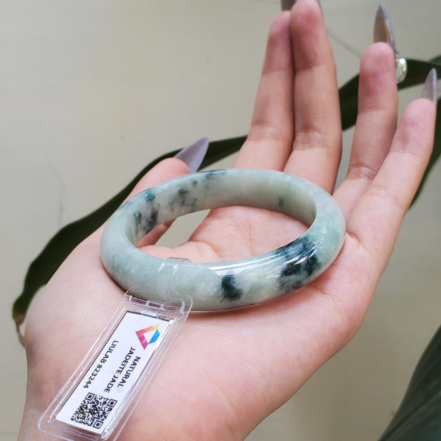 Yingmart 55mm LIULAB 823244 Certified Natural Color Grey Green Pale White Natural Jadeite Jade Bangle Bracelet, Real Gemstone, Gift for her