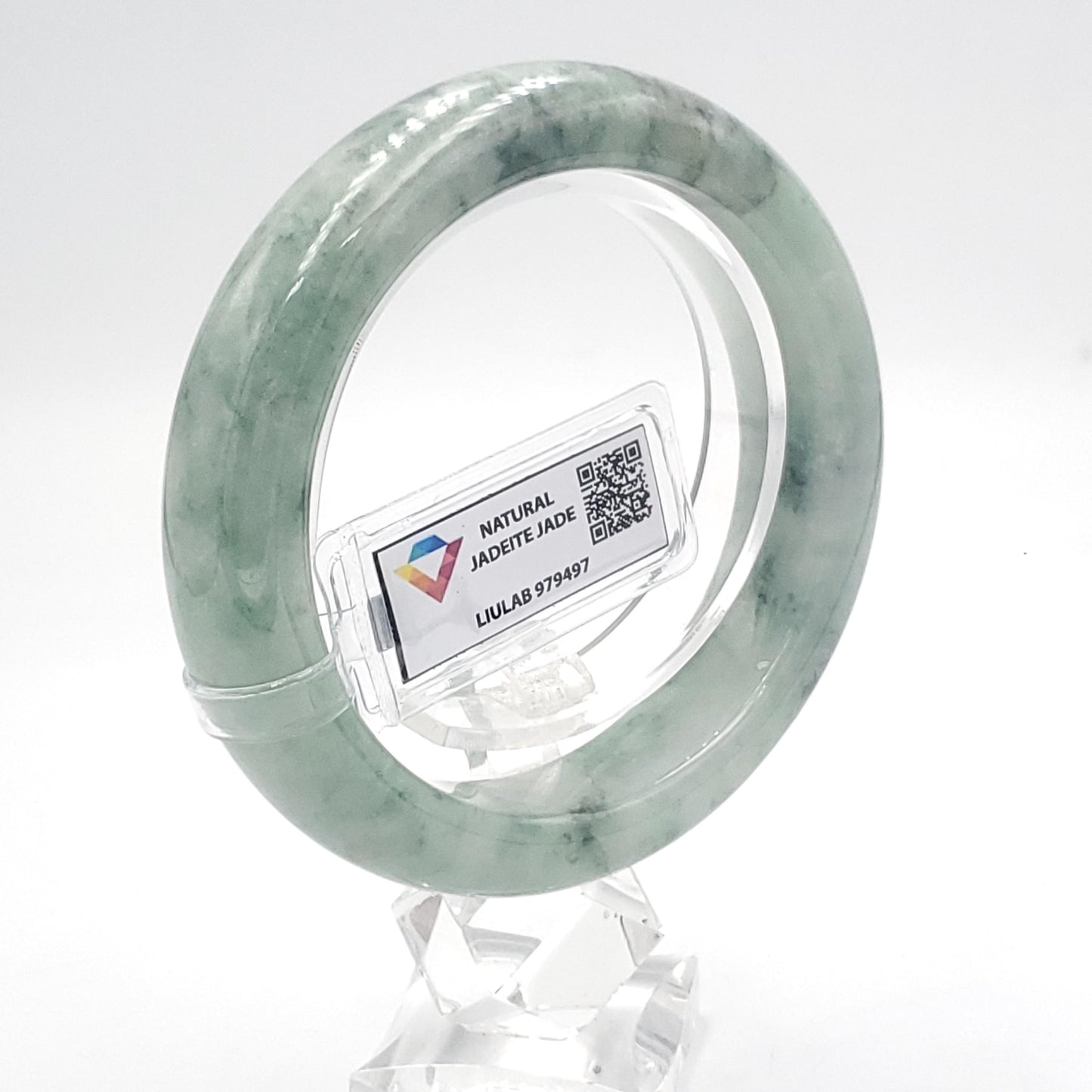 Yingmart 57mm LIULAB 979497 Certified Natural Color Pale White, Grey Green Natural Jadeite Jade Bangle Bracelet, Real Gemstone, Gift for her