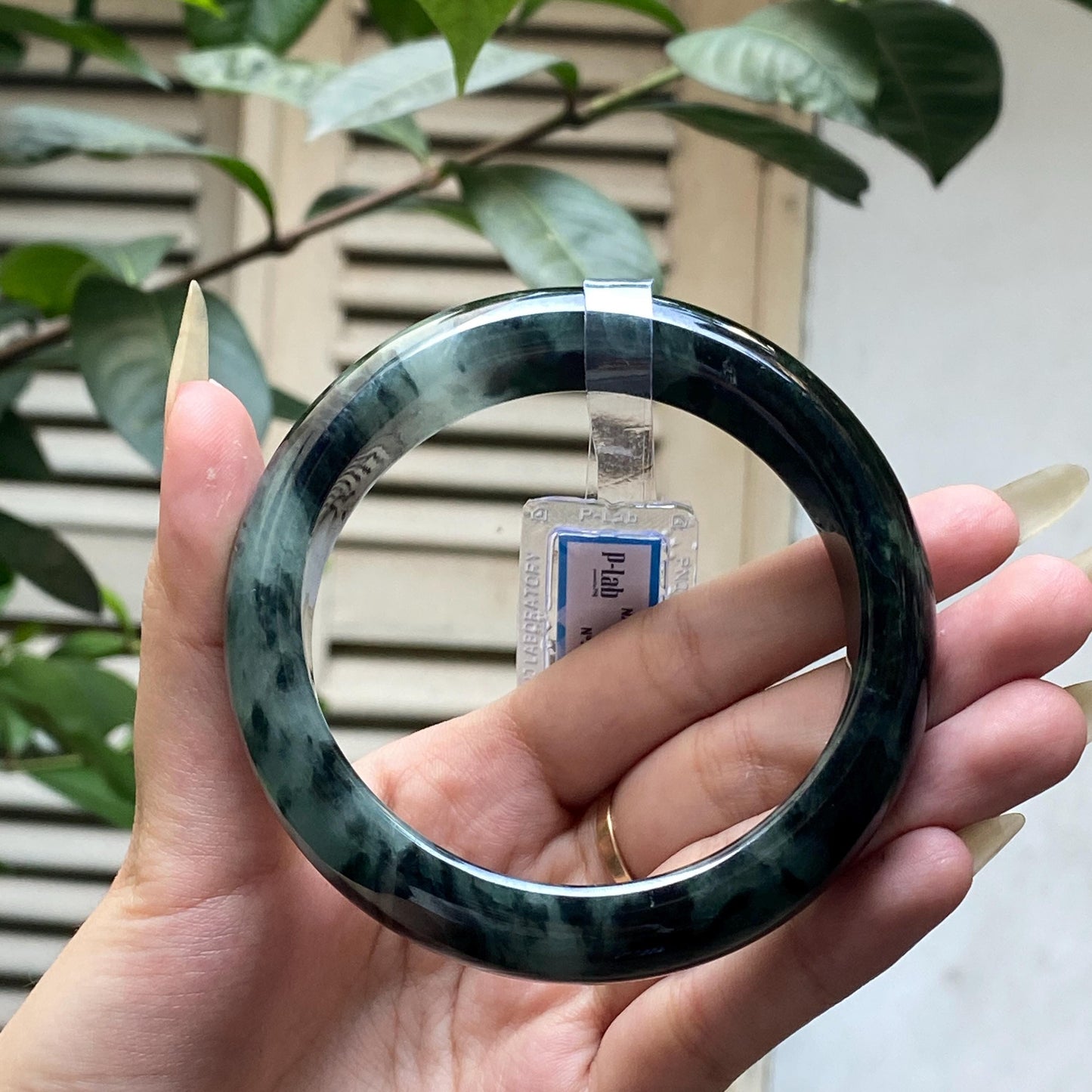 Yingmart 67mm PNJ325771 Certified Natural Color Black Grey White Natural Jadeite Jade Bangle Bracelet, Real Gemstone, Gift for Her Mom