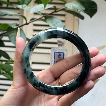 Yingmart 67mm PNJ325771 Certified Natural Color Black Grey White Natural Jadeite Jade Bangle Bracelet, Real Gemstone, Gift for Her Mom