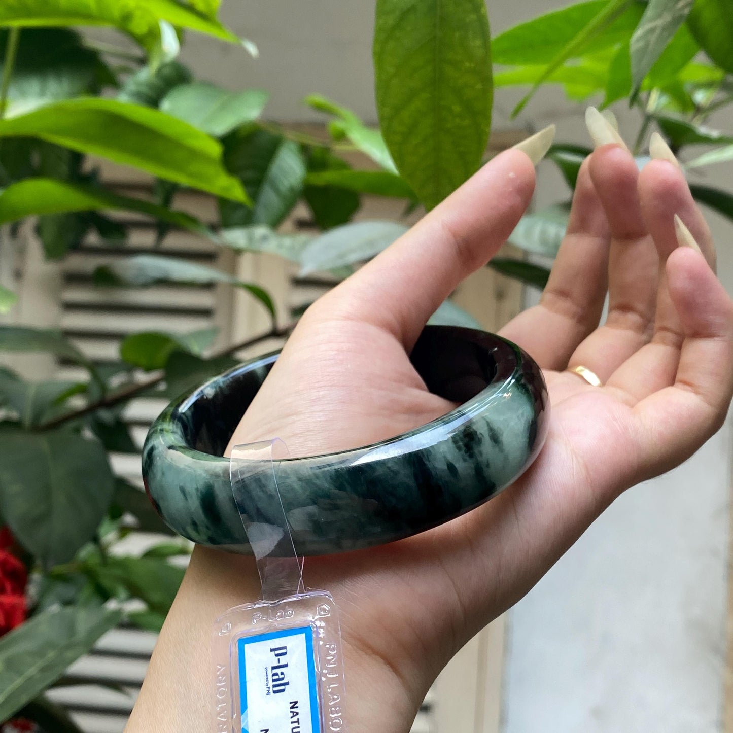 Yingmart 67mm PNJ325771 Certified Natural Color Black Grey White Natural Jadeite Jade Bangle Bracelet, Real Gemstone, Gift for Her Mom