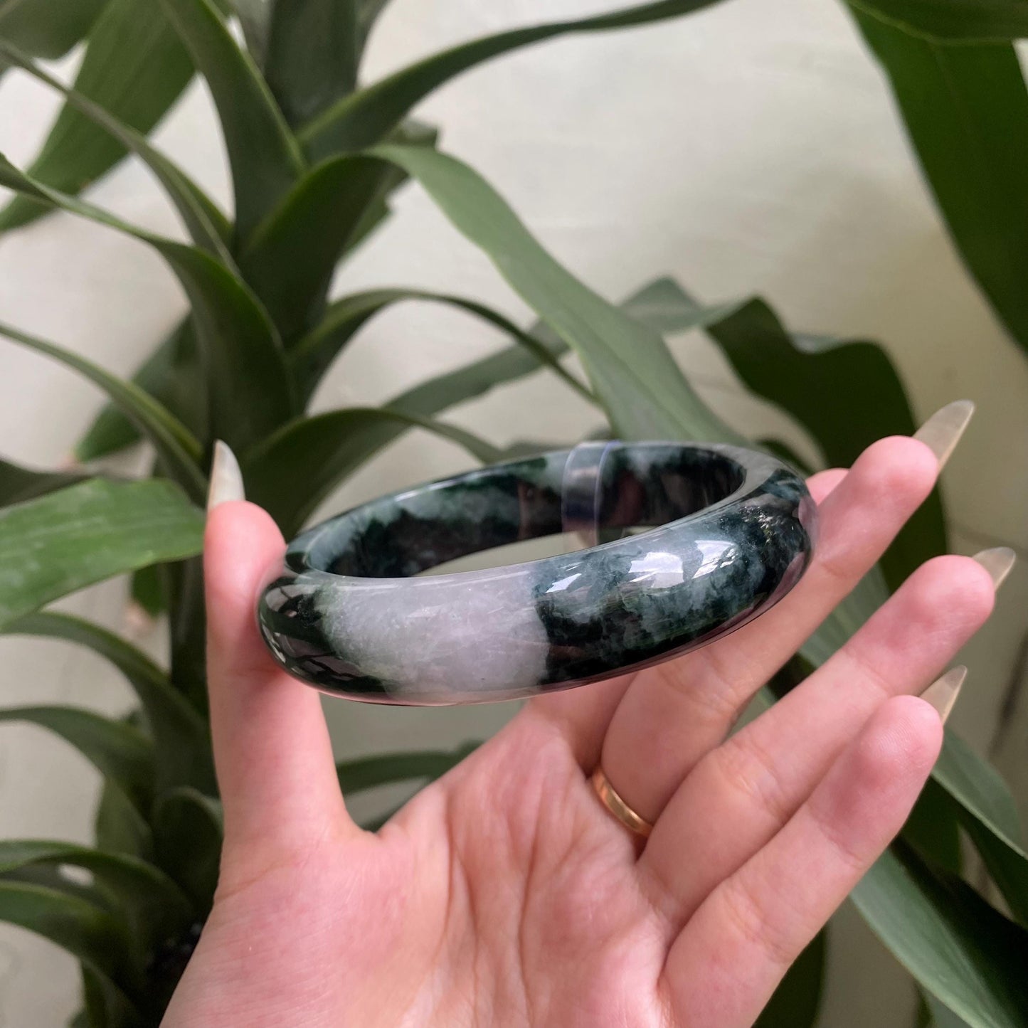 Yingmart 71mm PNJ325769 Certified Natural Color Grey Black White Natural Jadeite Jade Bangle Bracelet, Real Gemstone, Gift for Her Mom